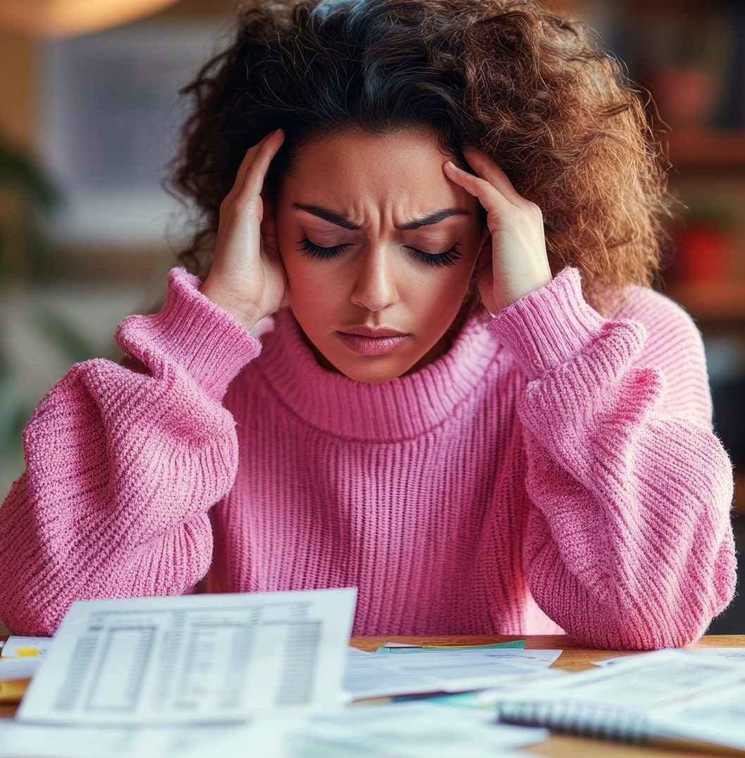 Stressed young hispanic female examining bills at home office desk with frustration.