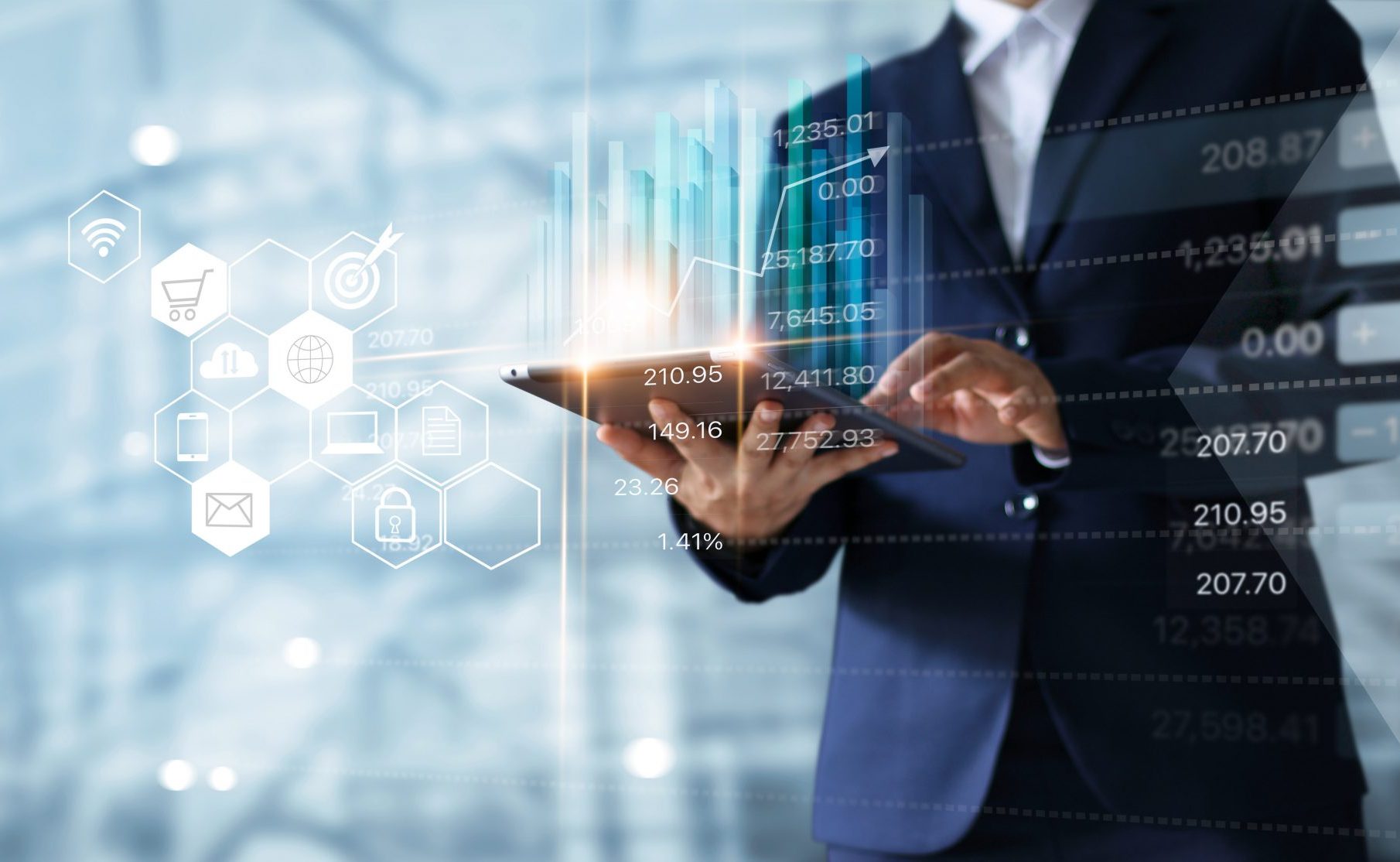 Businessman using tablet analyzing sales data and economic growth graph chart.  Business strategy. Abstract icon. Digital marketing.
